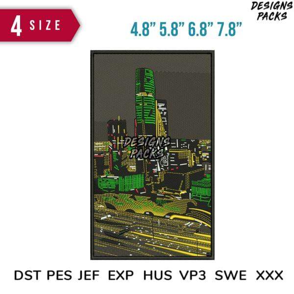 Cityscape embroidery design in green and yellow, available in 4 sizes and multiple formats for instant download.