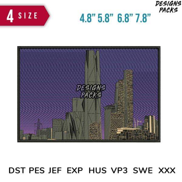 City skyline embroidery design in 4 sizes, print-ready DST PES JEF formats for apparel