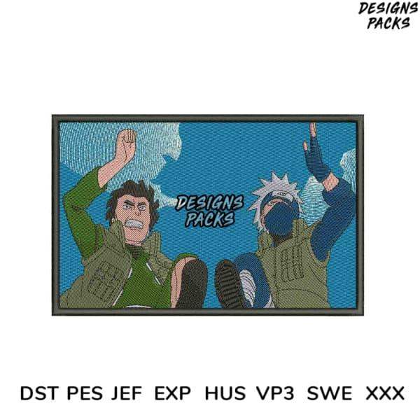 Naruto anime embroidery design featuring Kakashi and Gai, print-ready PES DST formats for machine embroidery