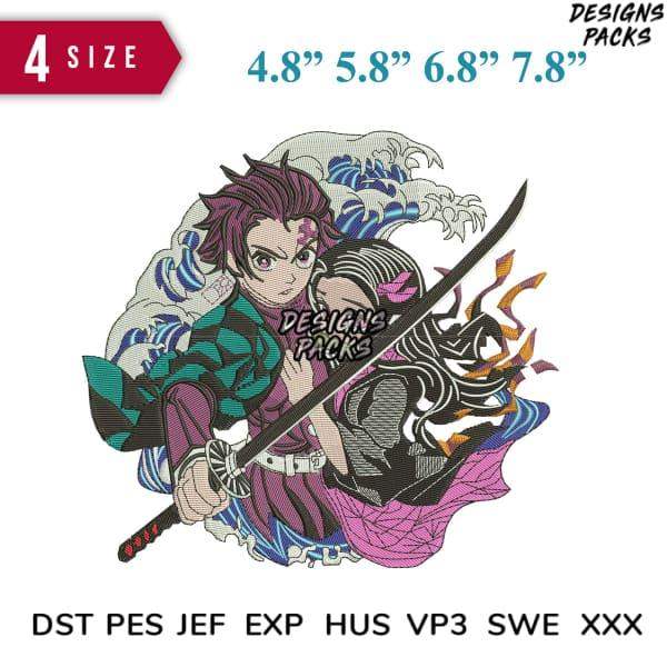 Anime warrior embroidery design with sword, 4 sizes, DST PES JEF formats, print-ready for DTG/DTF