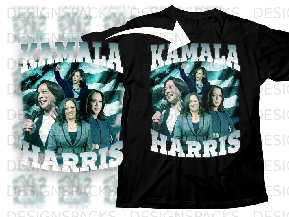 Black t-shirt with "Kamala Harris" text and collaged images of Kamala Harris.