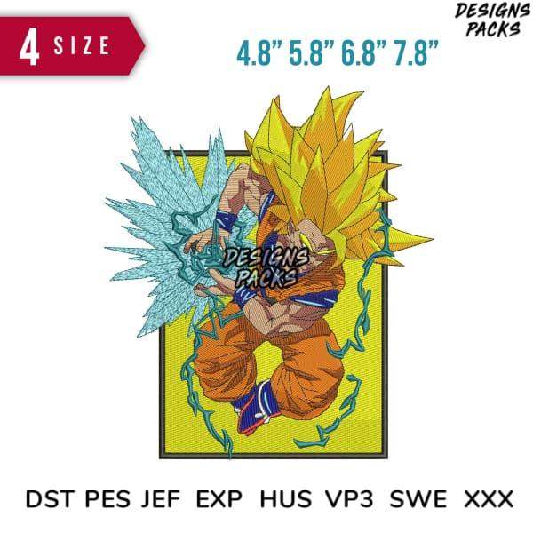 Dragon Ball Z Super Saiyan Goku embroidery design in 4 sizes, compatible with DST PES JEF formats