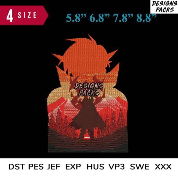 Embroidery design with fiery sunset, mountains, and silhouette in 4 sizes, DST PES JEF formats