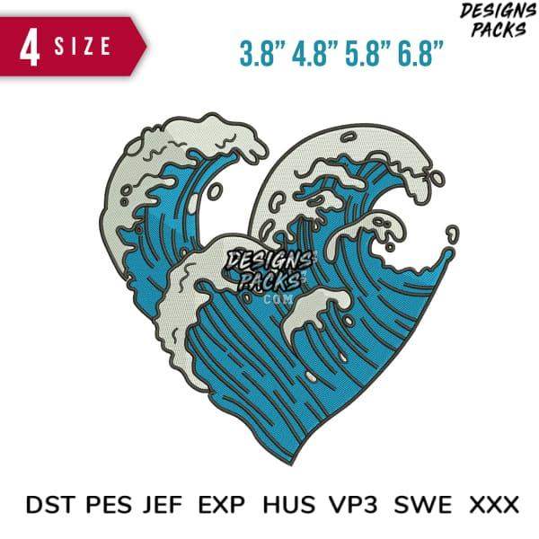 Heart-shaped ocean wave embroidery design in 4 sizes, compatible with DST PES JEF formats for instant download