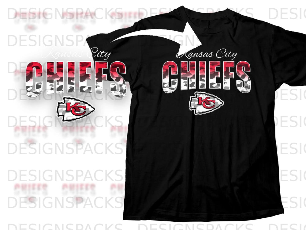 Black t-shirt with "Kansas City Chiefs" logo and camouflage fill.