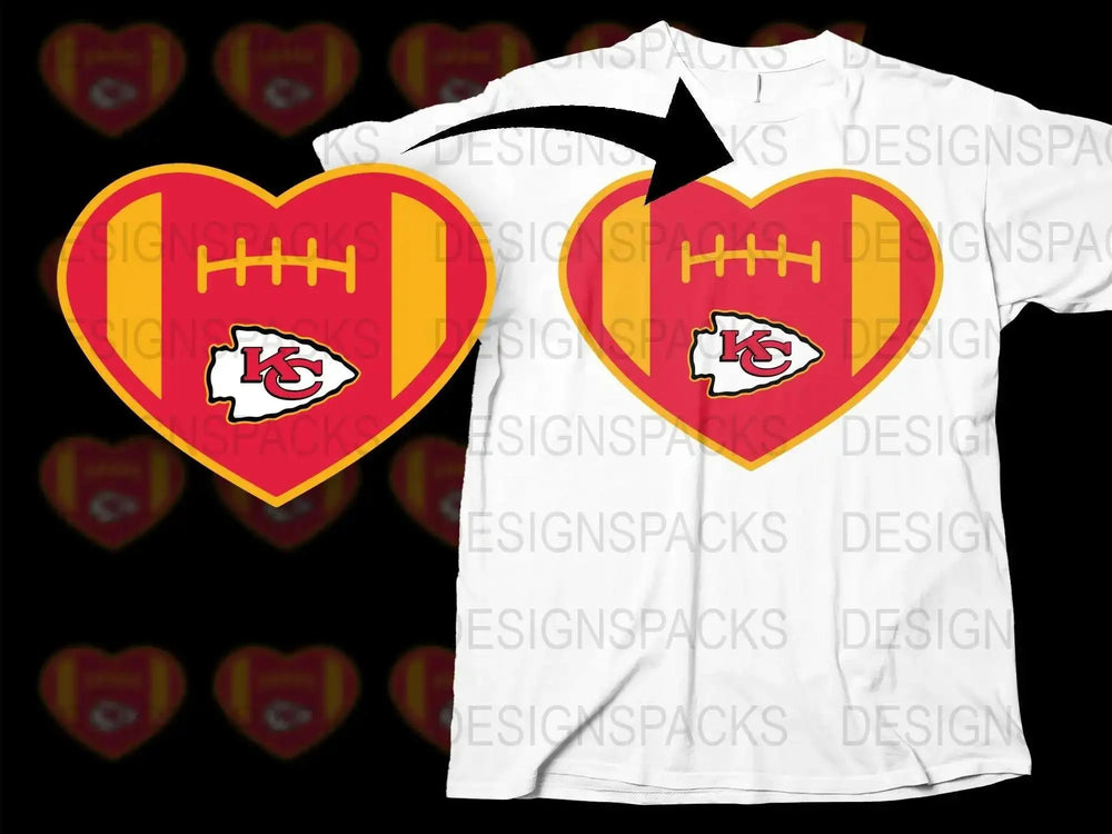 Kansas City Football Heart Graphic T-Shirt, Sports Team Fan Apparel, Red and Yellow Colors, Casual Wear