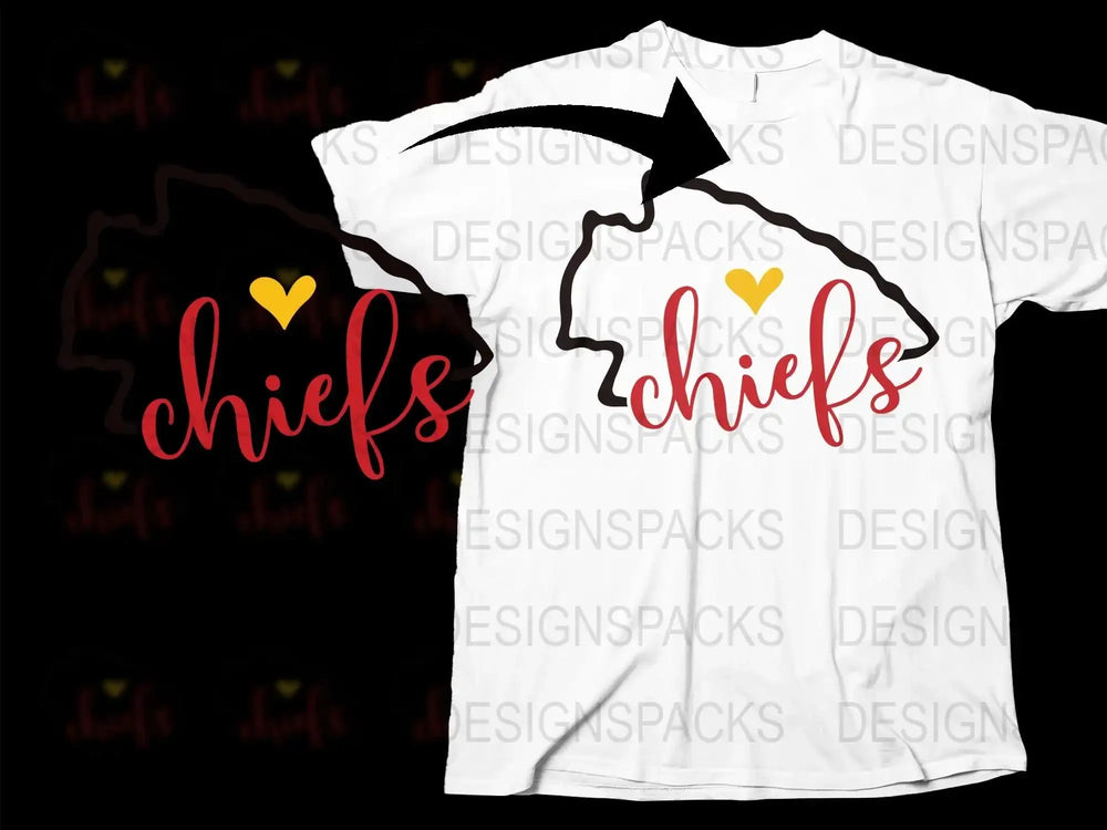 White T-Shirt with Red Chiefs Text, Heart Graphic, Sporty Fan Apparel