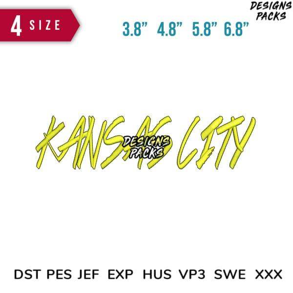 Kansas City graffiti-style design in yellow, available in 4 sizes & embroidery formats (DST, PES, JEF)