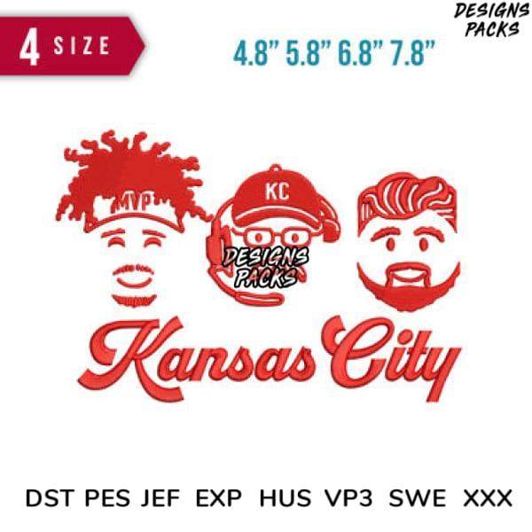 Kansas City-themed embroidery designs with 4 size options, compatible with DST, PES, JEF formats