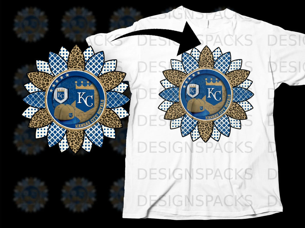 Sunflower graphic featuring Kansas City Royals logo and baseball cap on a white t-shirt.