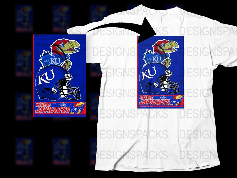 Kansas University Jayhawks T-Shirt, College Sports Graphic Tee, Football Helmet Design, Blue and Red