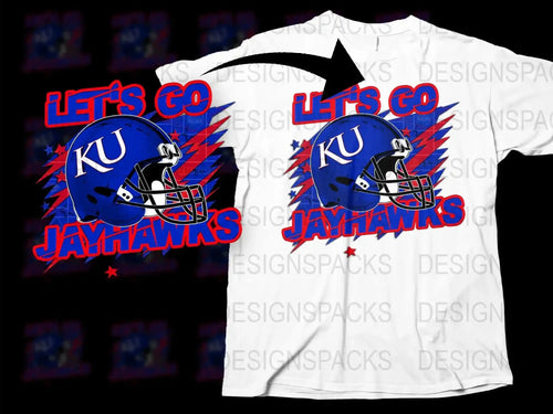 Let's Go KU Jayhawks Football Helmet Graphic T-Shirt, College Sports Fan Apparel, Red and Blue Design