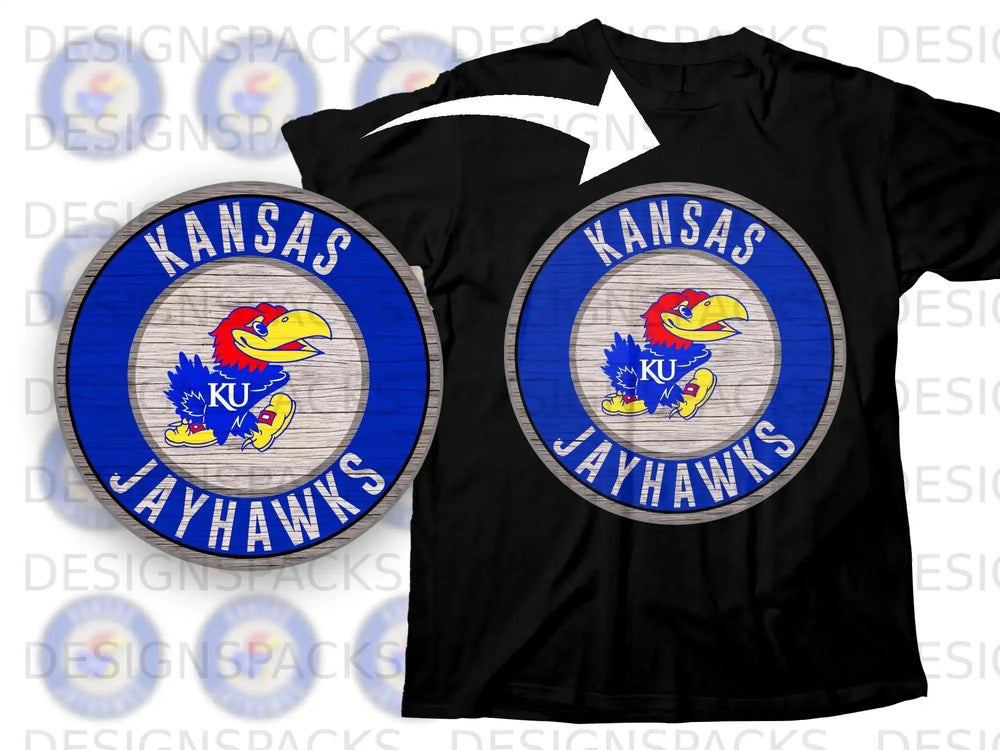 Kansas Jayhawks KU Blue and Wood Round Logo T-Shirt