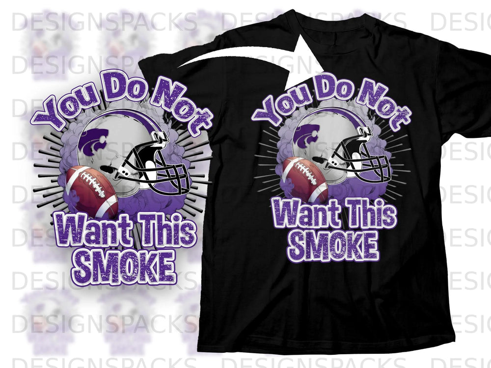 Black t-shirt with purple text and graphics of a football helmet and ball.