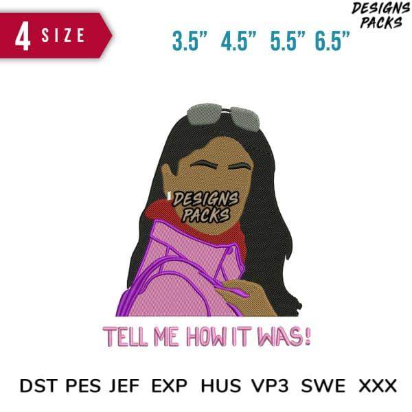 Embroidery design of woman with sunglasses & pink jacket, 4 sizes, PES DST formats, print-ready