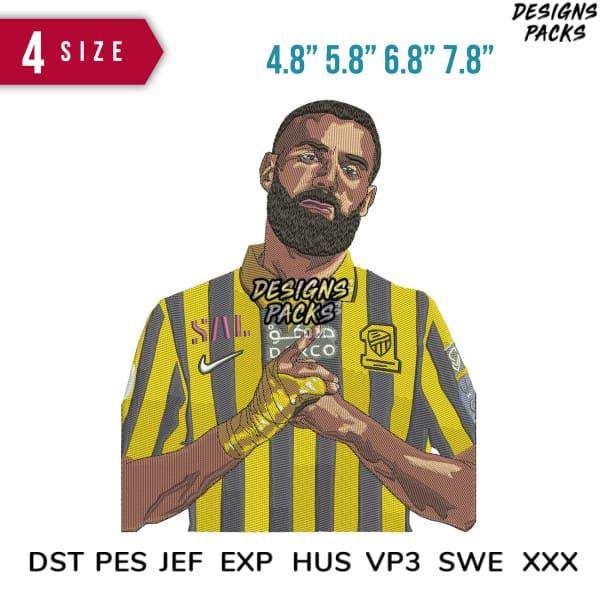 Embroidery design of soccer player in yellow striped jersey, available in multiple sizes and formats.