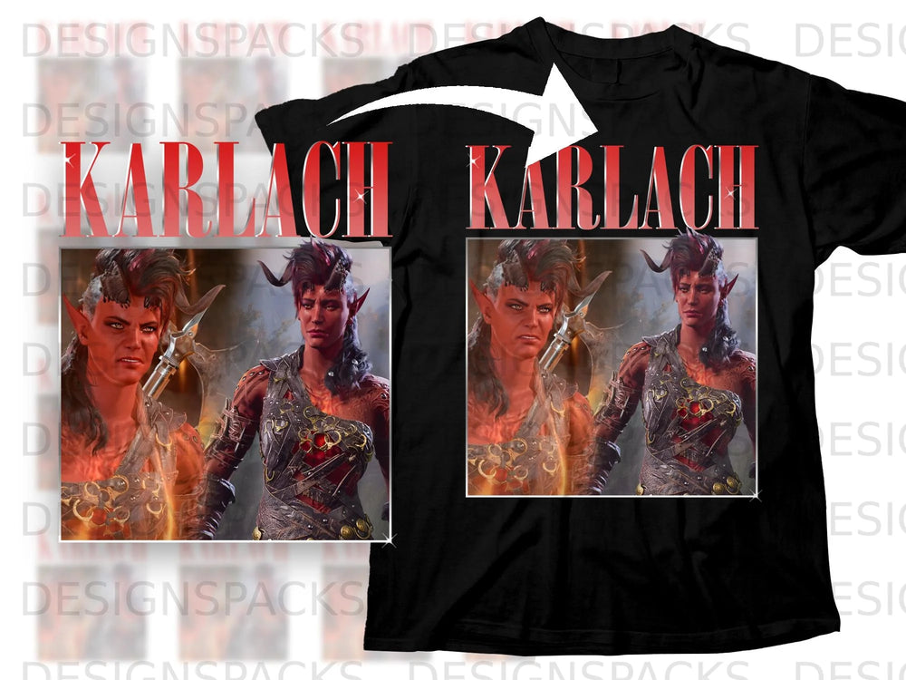 Black t-shirt mockup featuring "KARLACH" text and two images of a horned character.