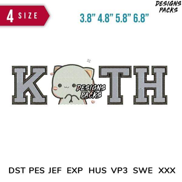 Cute cat embroidery design with 'KITH' lettering, available in 4 sizes & multiple file formats