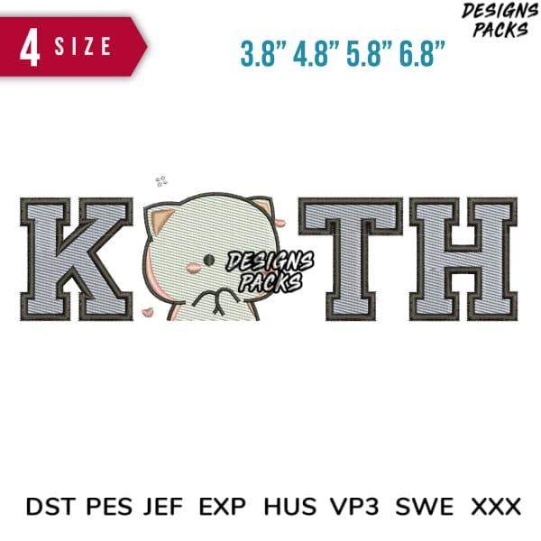 Cute cat embroidery design with 'KOTH' letters, 4 sizes, PES DST formats for machine embroidery