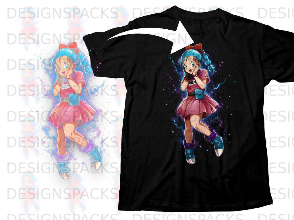 Black t-shirt with anime character Bulma in pink outfit and blue braided hair.