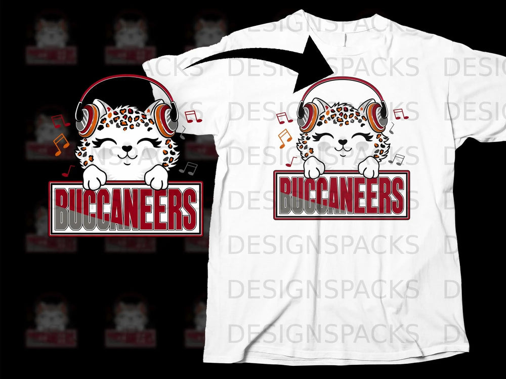 Cartoon leopard wearing headphones with "BUCCANEERS" text.