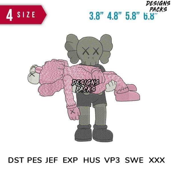 Embroidery design of gray figure holding pink plush toy, available in multiple sizes and formats