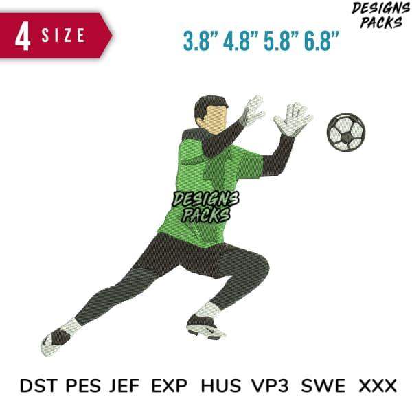 Soccer goalkeeper design in green jersey, available in multiple sizes and embroidery formats.