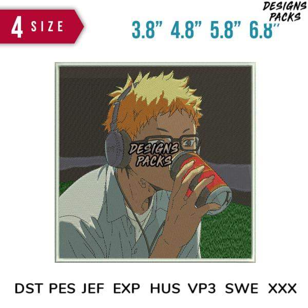 Anime-style embroidery design of a guy with headphones drinking soda, available in PES, DST, EXP formats
