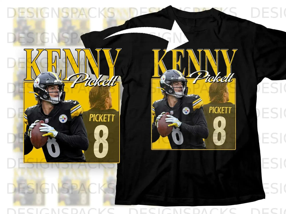 Kenny Pickett Pittsburgh Steelers jersey with number 8 on black t-shirt.