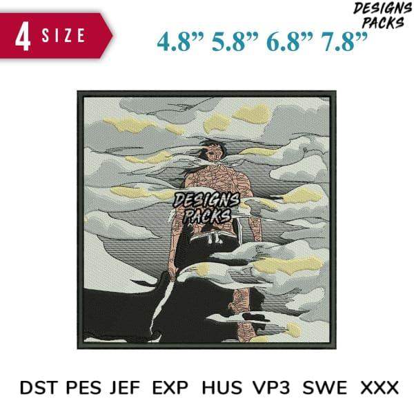 Embroidery design of warrior in clouds, 4 sizes, DST PES JEF formats, print-ready for apparel