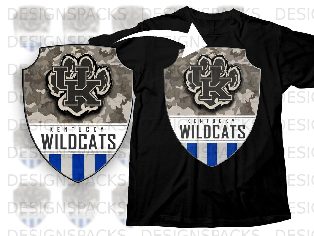 Black t-shirt with Kentucky Wildcats logo and camouflage shield design.