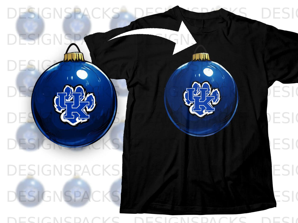 Blue Christmas ornament with Kentucky Wildcats logo on black t-shirt.