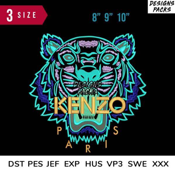 Vibrant neon tiger embroidery design with Kenzo Paris text, available in 3 sizes and multiple formats for instant download.