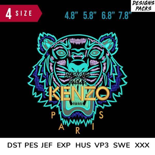 Neon tiger head embroidery design with Kenzo Paris text, available in 4 sizes and multiple formats