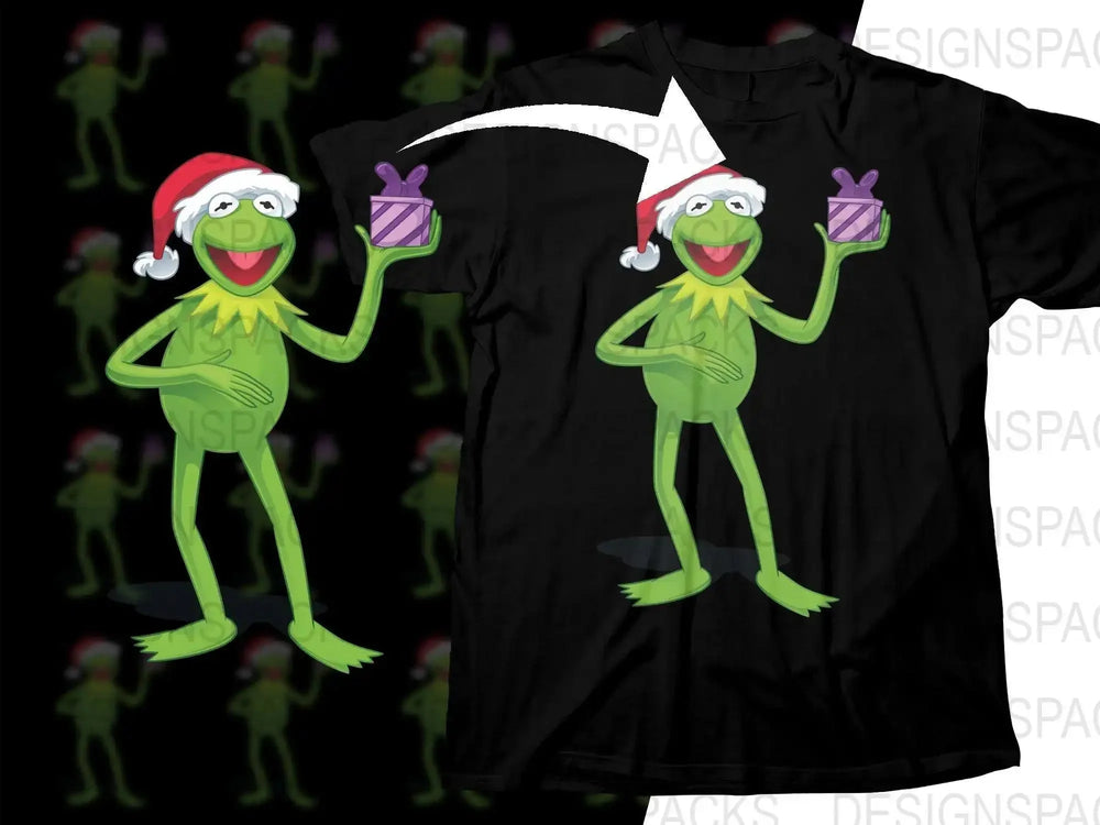Kermit the Frog Santa Hat Holding Gift Christmas Png Digital Download