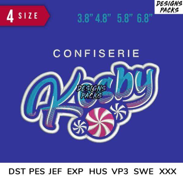 Candy-themed embroidery design 'Confiserie' in 4 sizes, PES DST JEF formats for machine stitching