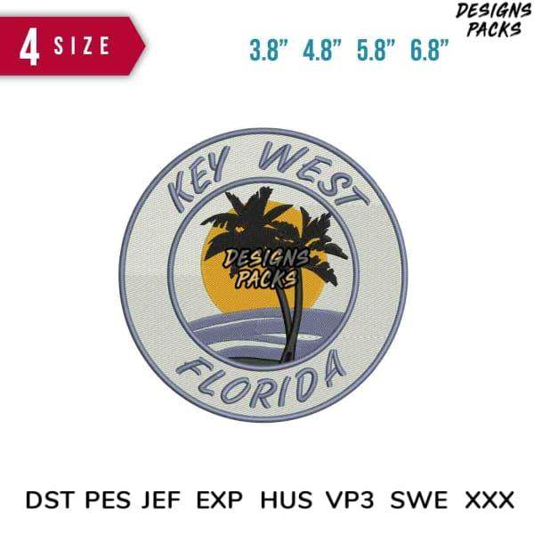 Key West Florida embroidery design with palm trees & sunset, available in 4 sizes & multiple formats