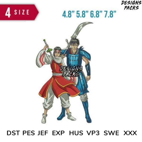 Anime warrior duo design for embroidery, available in DST PES formats, 4 sizes