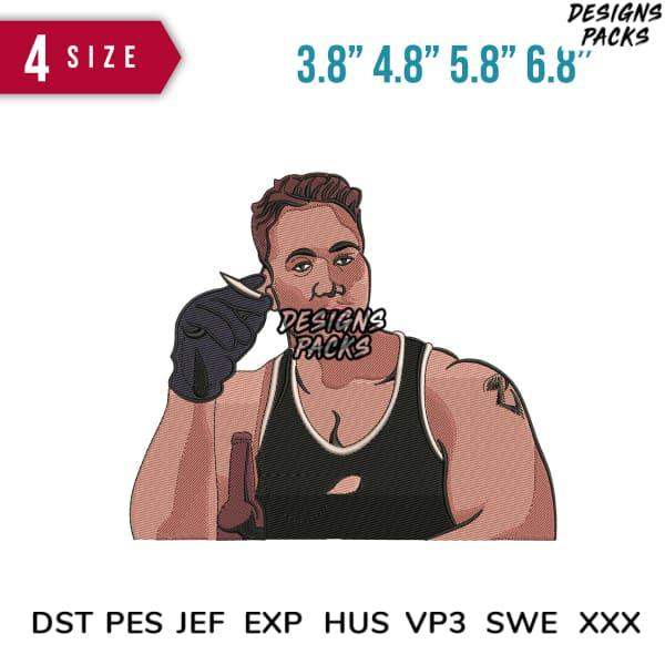Embroidery design of a man in tank top holding beer, available in multiple sizes and formats
