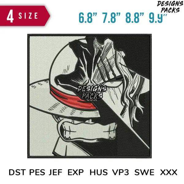Anime-style embroidery design with 4 size options, compatible with DST PES JEF formats for machine embroidery.