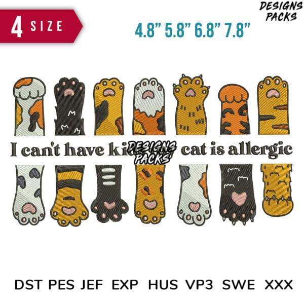 Cat paw embroidery designs in 4 sizes, print-ready formats for DTG/DTF, funny 'allergic to kids' quote