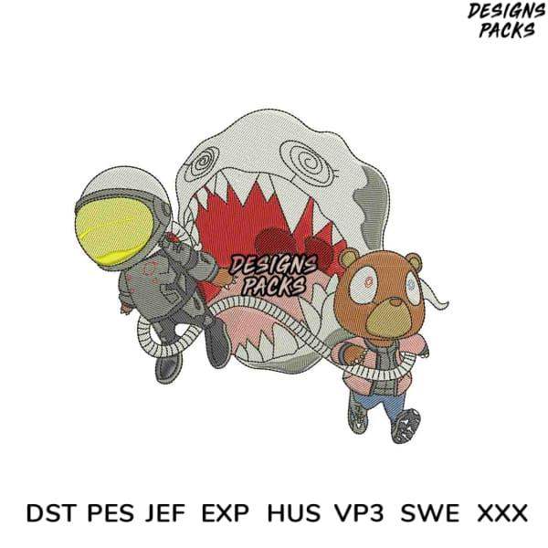 Embroidery design featuring astronaut, bear, and shark in space, available in PES, DST, EXP formats