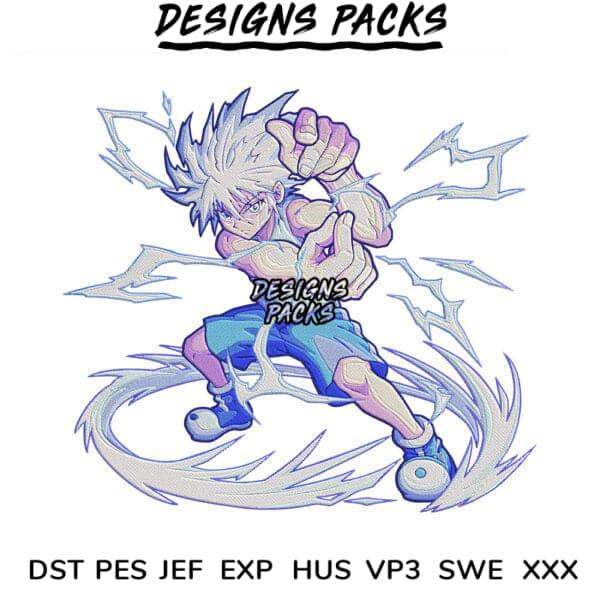 Anime character with electric energy, print-ready embroidery design in DST PES formats