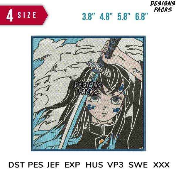 Anime girl with sword, embroidery design in DST PES formats, 4 sizes available