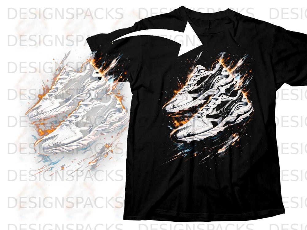 Black t-shirt with a graphic print of two white athletic shoes with black accents and fiery splashes.