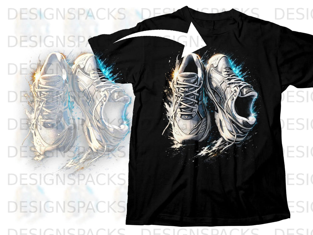 Black t-shirt featuring a graphic of two white running shoes with a splash effect.