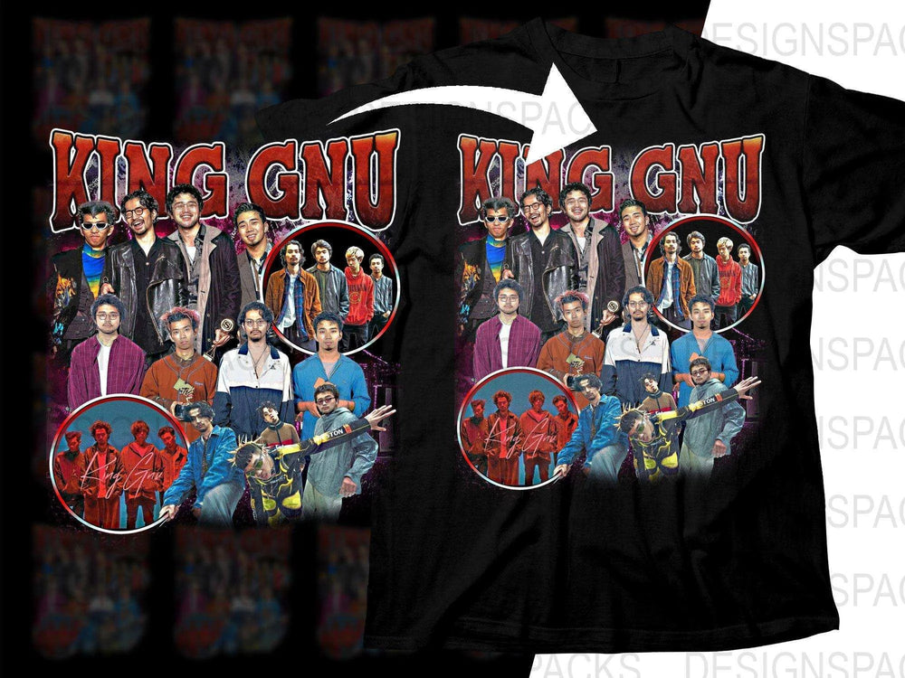 King GNU band collage t-shirt design, print-ready for DTG/DTF, featuring group photos and bold text