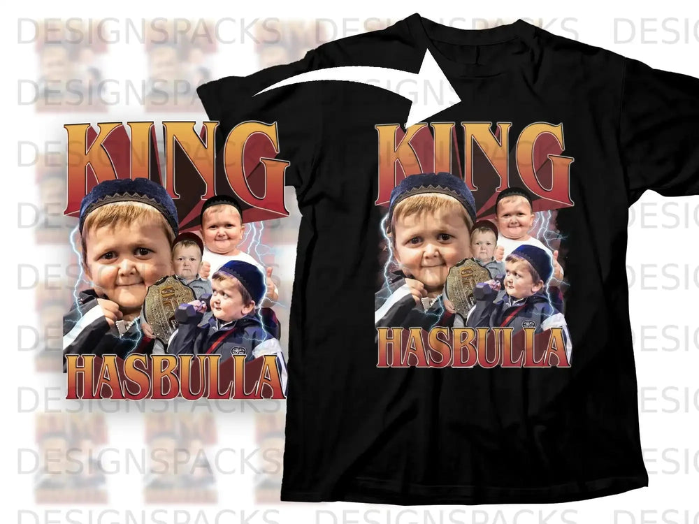 Black t-shirt with "King Hasbulla" graphic featuring a small child holding a belt.