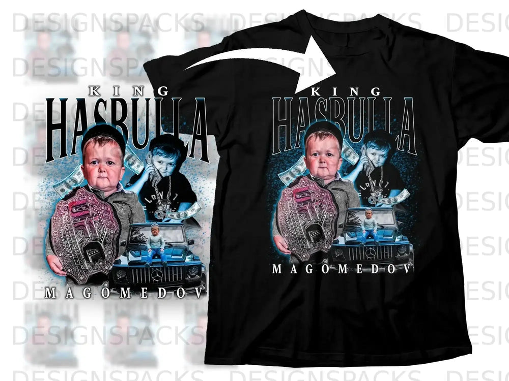 King Hasbulla t-shirt with a championship belt, money, and a car graphic.