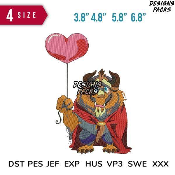 Beast holding heart balloon embroidery design in 4 sizes, DST PES JEF formats for instant download